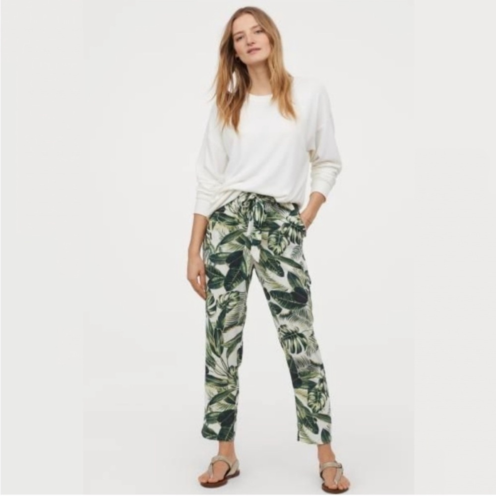 H&M Tie Waist Palm Print Pants